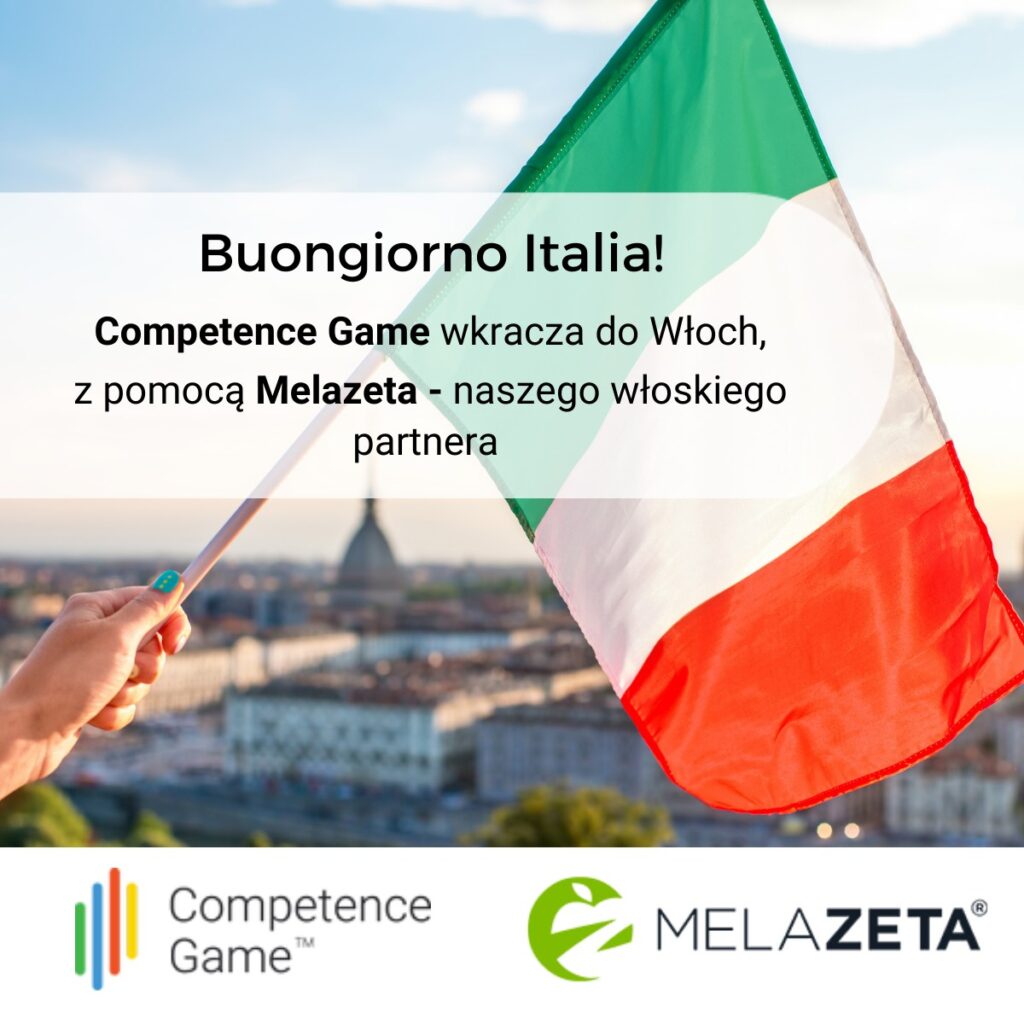 266020618_2372254949575491_1825858174535611037_n w tle flaga włoch, tekst "Buongiorno italia! Competence Game wkracza do Włoch, z pomocą Melazeta, naszego włoskiego partnera